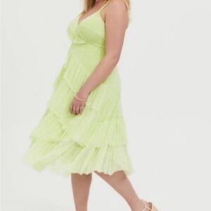 TORRID Neon Yellow/Lime Mesh Floral Ruffle midi dress